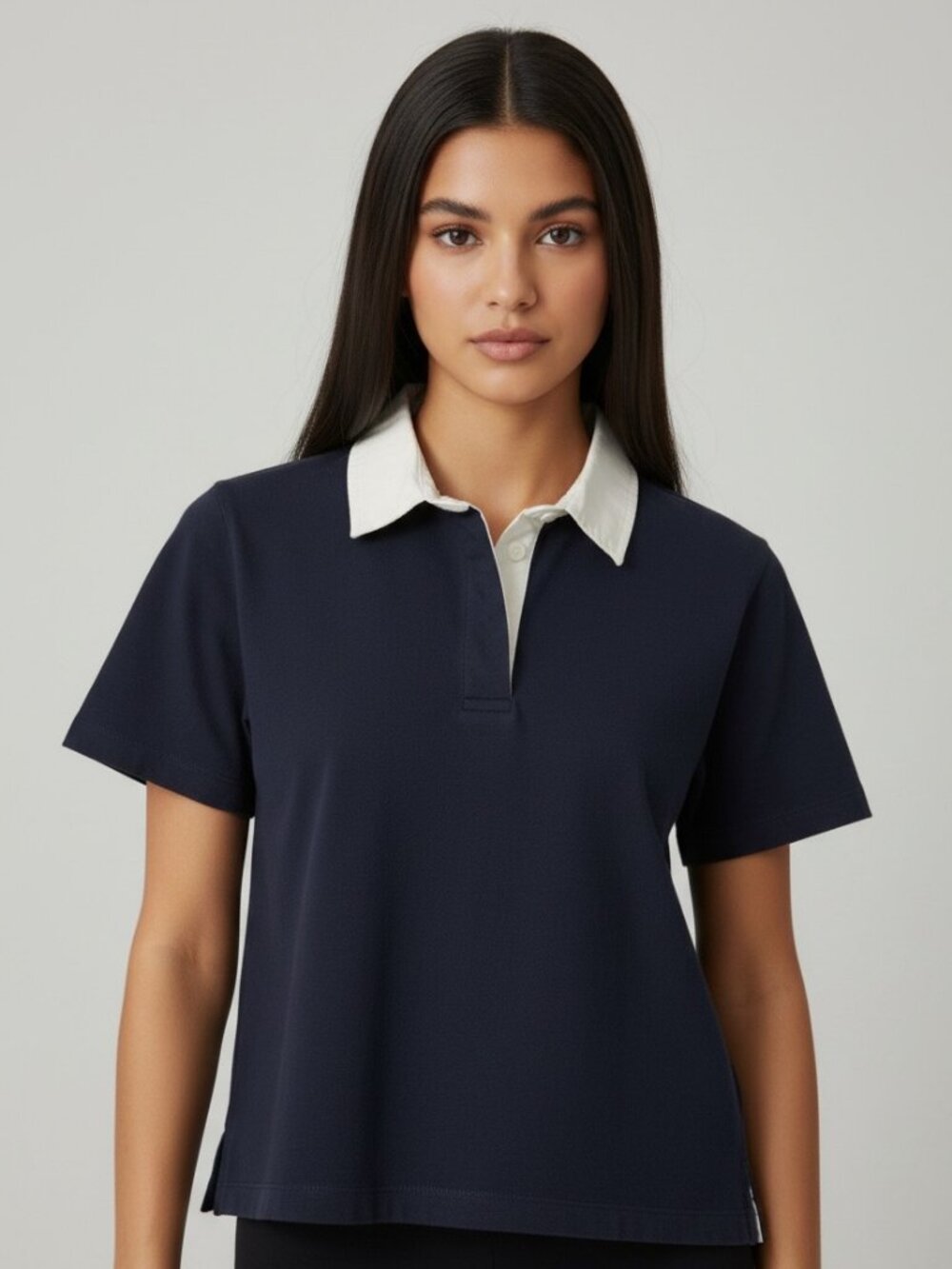 J.Crew Womens M Navy White Collar Short Sleeve Cropped Polo Shirt Preppy Academi
